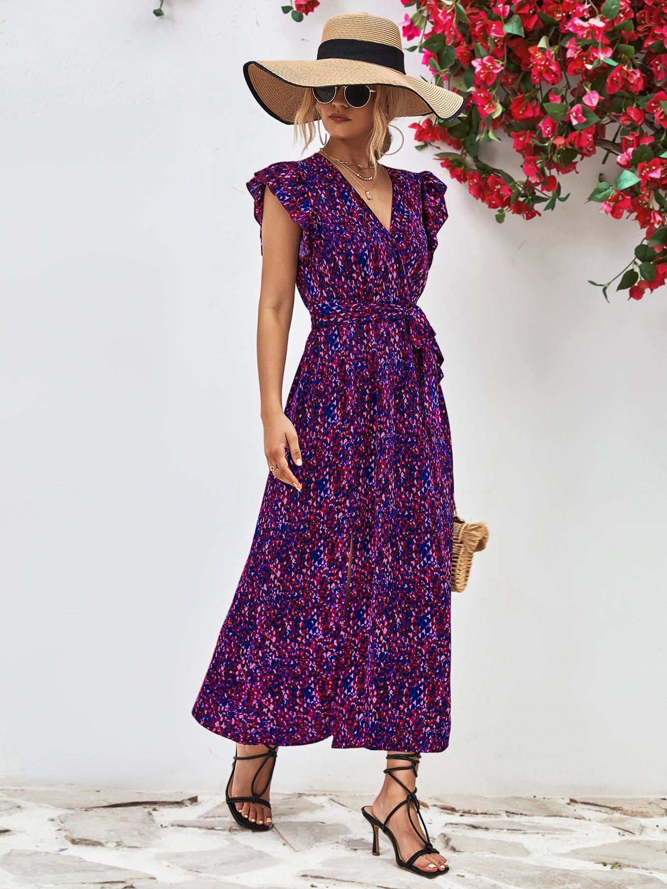 Printed Surplice Neck Flutter Sleeve Slit Dress - Guy Christopher