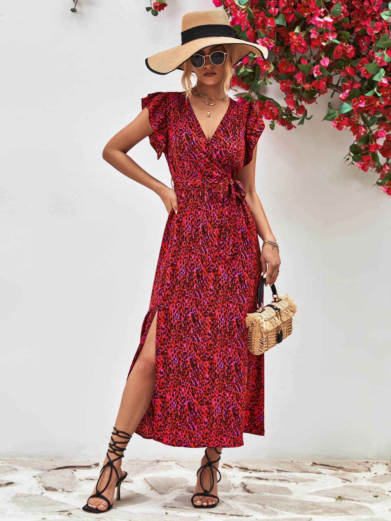 Printed Surplice Neck Flutter Sleeve Slit Dress - Guy Christopher