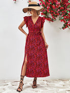 Printed Surplice Neck Flutter Sleeve Slit Dress - Guy Christopher