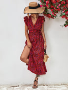 Printed Surplice Neck Flutter Sleeve Slit Dress - Guy Christopher