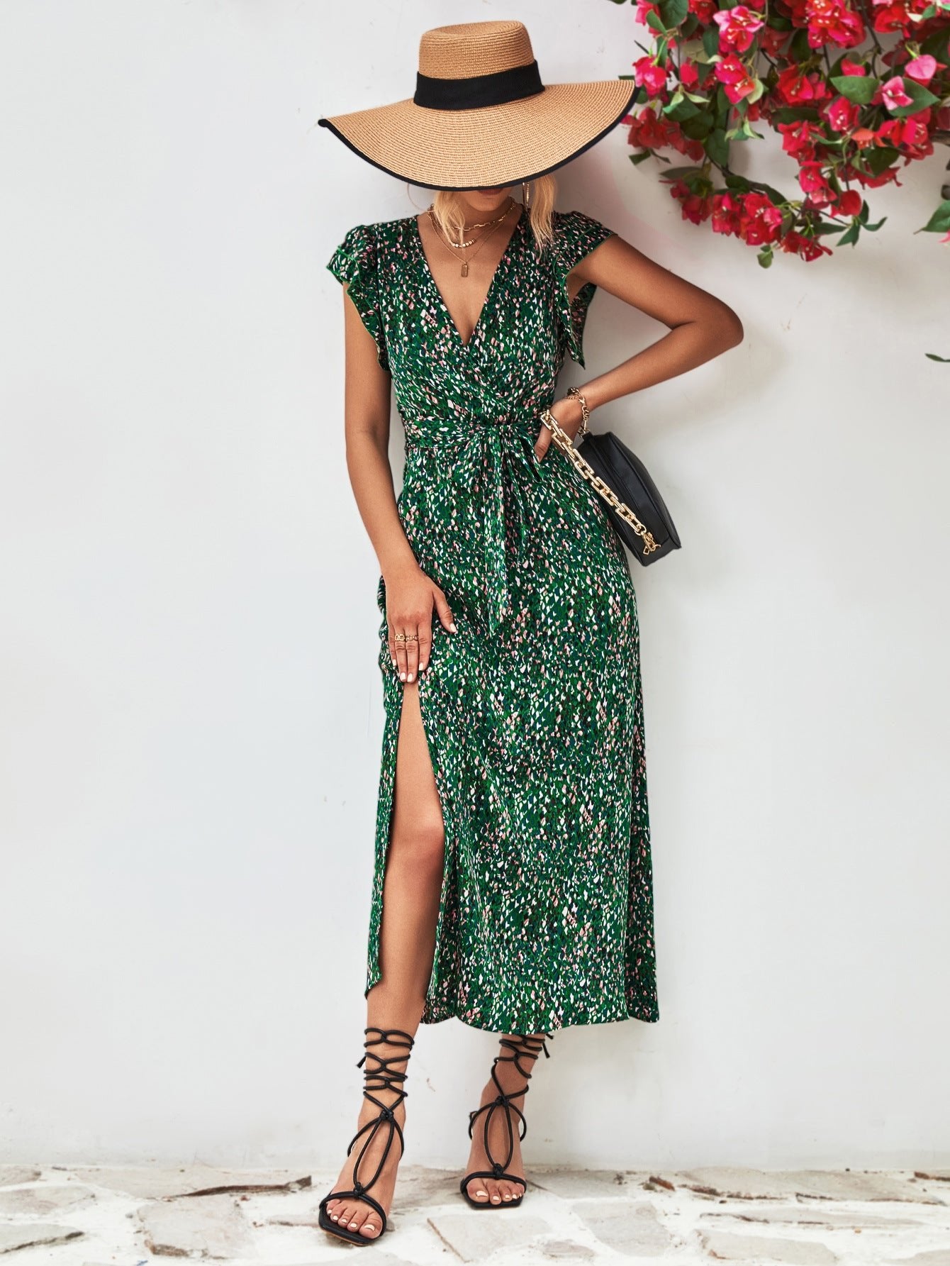 Printed Surplice Neck Flutter Sleeve Slit Dress - Guy Christopher