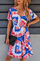 Printed Surplice Neck Knee Length Flutter Sleeve Dress - Guy Christopher