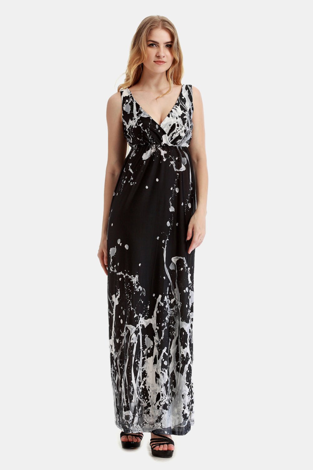 Printed Surplice Neck Sleeveless Maxi Dress - Guy Christopher