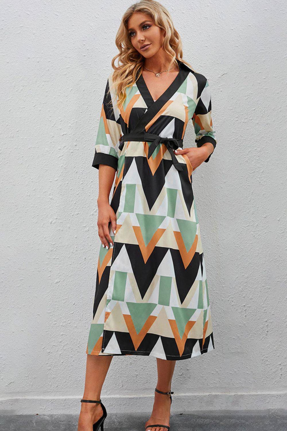 Printed Three-Quarter Sleeve Tied Midi Dress - Guy Christopher