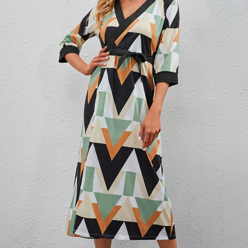 Printed Three-Quarter Sleeve Tied Midi Dress - Guy Christopher