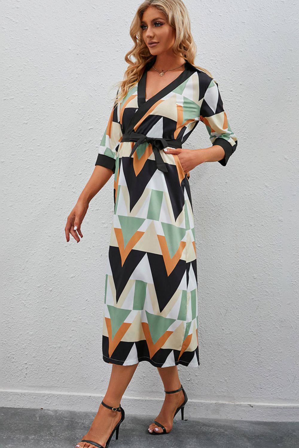 Printed Three-Quarter Sleeve Tied Midi Dress - Guy Christopher