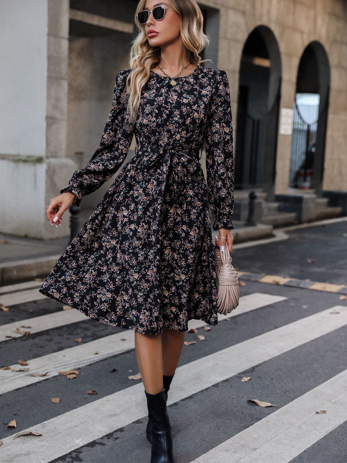 Printed Tie Belt Balloon Sleeve Dress - Guy Christopher