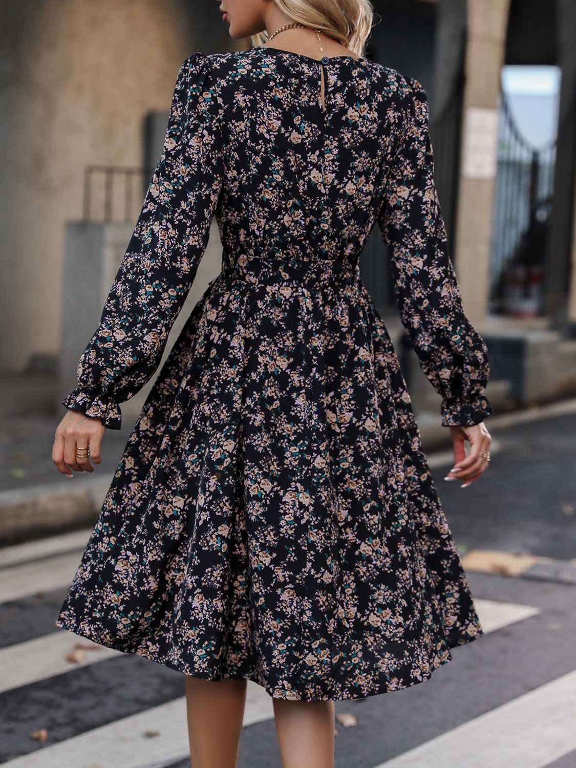 Printed Tie Belt Balloon Sleeve Dress - Guy Christopher