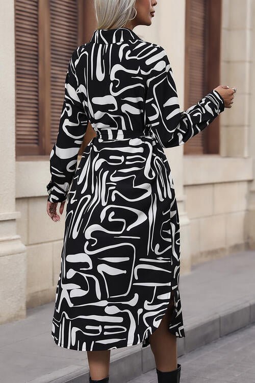 Printed Tie Front Collared Neck Slit Shirt Dress - Guy Christopher