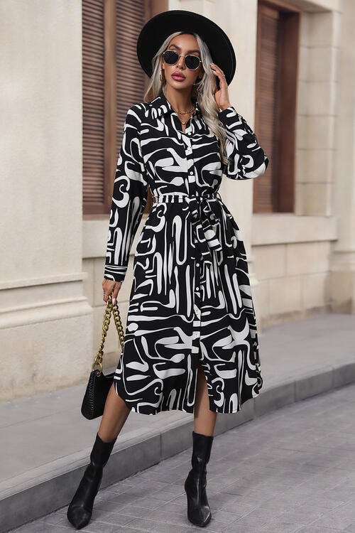 Printed Tie Front Collared Neck Slit Shirt Dress - Guy Christopher