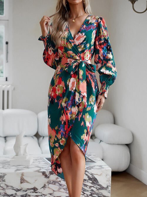 Printed Tie Front Lantern Sleeve Dress - Guy Christopher