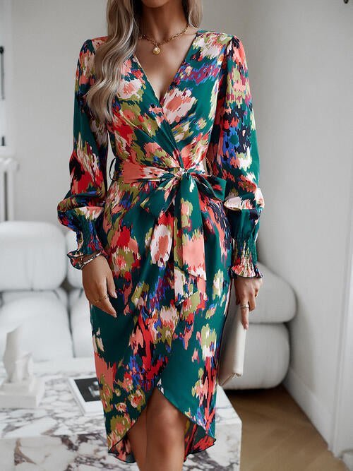 Printed Tie Front Lantern Sleeve Dress - Guy Christopher