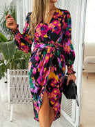 Printed Tie Front Lantern Sleeve Dress - Guy Christopher