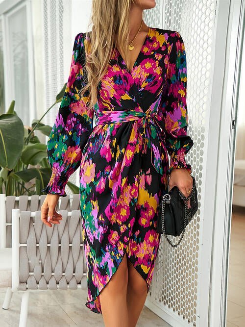 Printed Tie Front Lantern Sleeve Dress - Guy Christopher