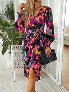 Printed Tie Front Lantern Sleeve Dress - Guy Christopher