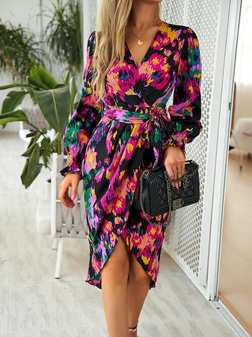 Printed Tie Front Lantern Sleeve Dress - Guy Christopher