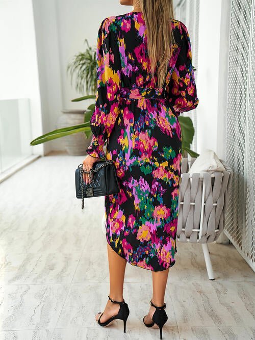 Printed Tie Front Lantern Sleeve Dress - Guy Christopher