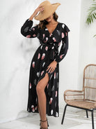 Printed Tie Front Ruffle Trim Long Sleeve Dress - Guy Christopher