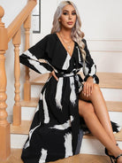 Printed Tie Front Ruffle Trim Long Sleeve Dress - Guy Christopher