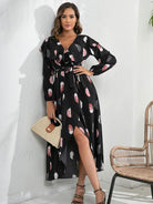 Printed Tie Front Ruffle Trim Long Sleeve Dress - Guy Christopher