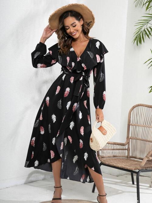 Printed Tie Front Ruffle Trim Long Sleeve Dress - Guy Christopher