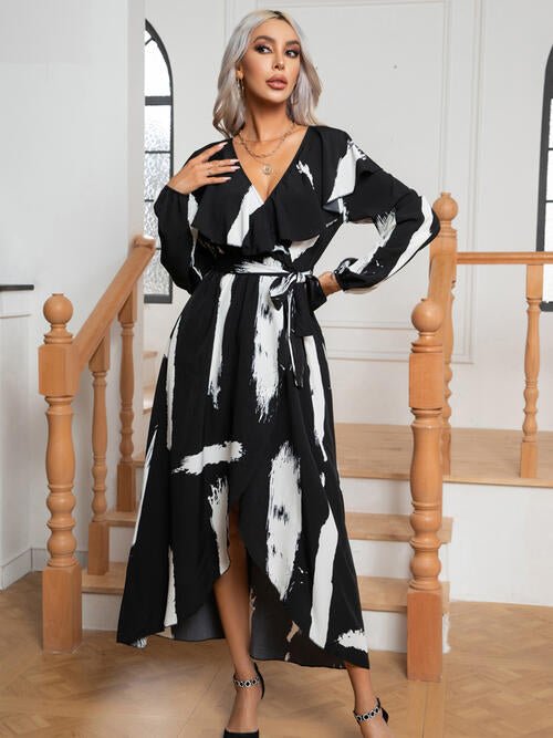 Printed Tie Front Ruffle Trim Long Sleeve Dress - Guy Christopher