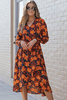 Printed Tie Front Smocked Long Sleeve Dress - Guy Christopher