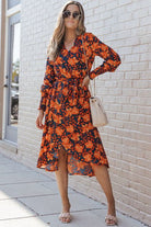 Printed Tie Front Smocked Long Sleeve Dress - Guy Christopher