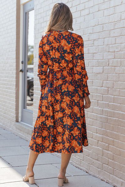 Printed Tie Front Smocked Long Sleeve Dress - Guy Christopher