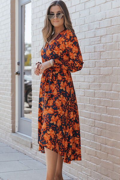 Printed Tie Front Smocked Long Sleeve Dress - Guy Christopher