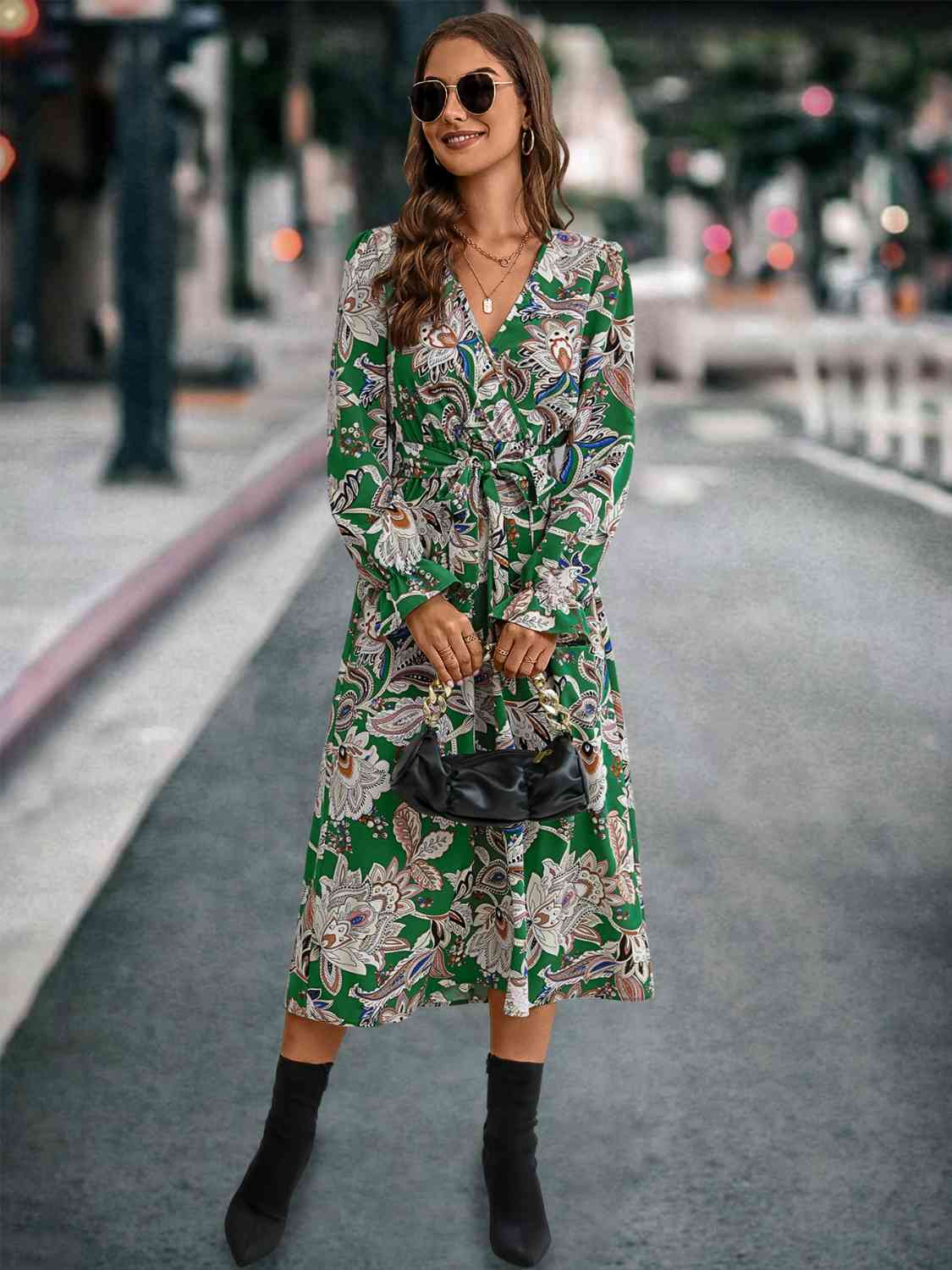 Printed Tie Front Surplice Flounce Sleeve Dress - Guy Christopher