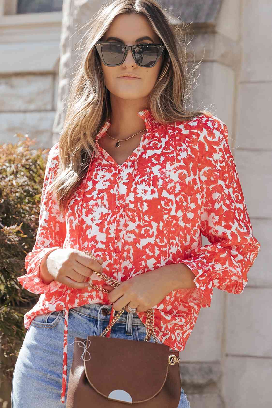 Printed Tie Neck Flounce Sleeve Blouse - Guy Christopher