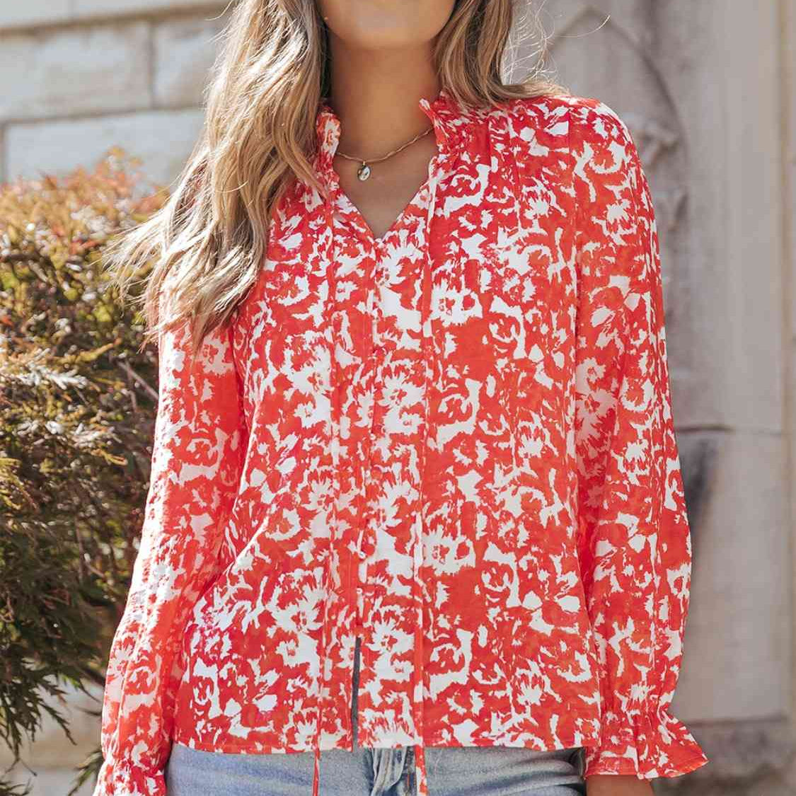 Printed Tie Neck Flounce Sleeve Blouse - Guy Christopher