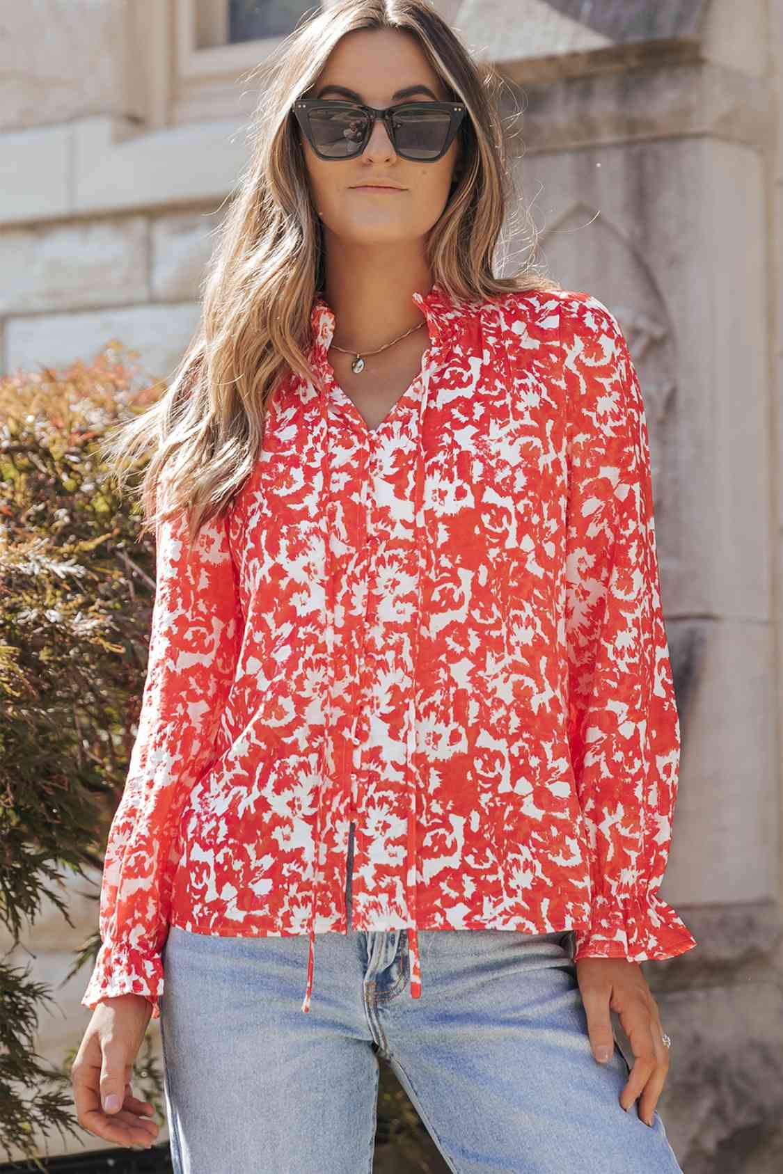 Printed Tie Neck Flounce Sleeve Blouse - Guy Christopher