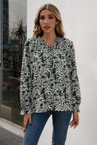 Printed Tie Neck Frill Trim Flounce Sleeve Blouse - Guy Christopher