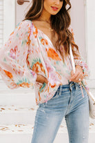 Printed Tie Neck Long Sleeve Blouse - Guy Christopher