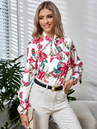 Printed Tie Neck Long Sleeve Blouse - Guy Christopher