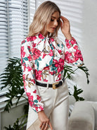 Printed Tie Neck Long Sleeve Blouse - Guy Christopher