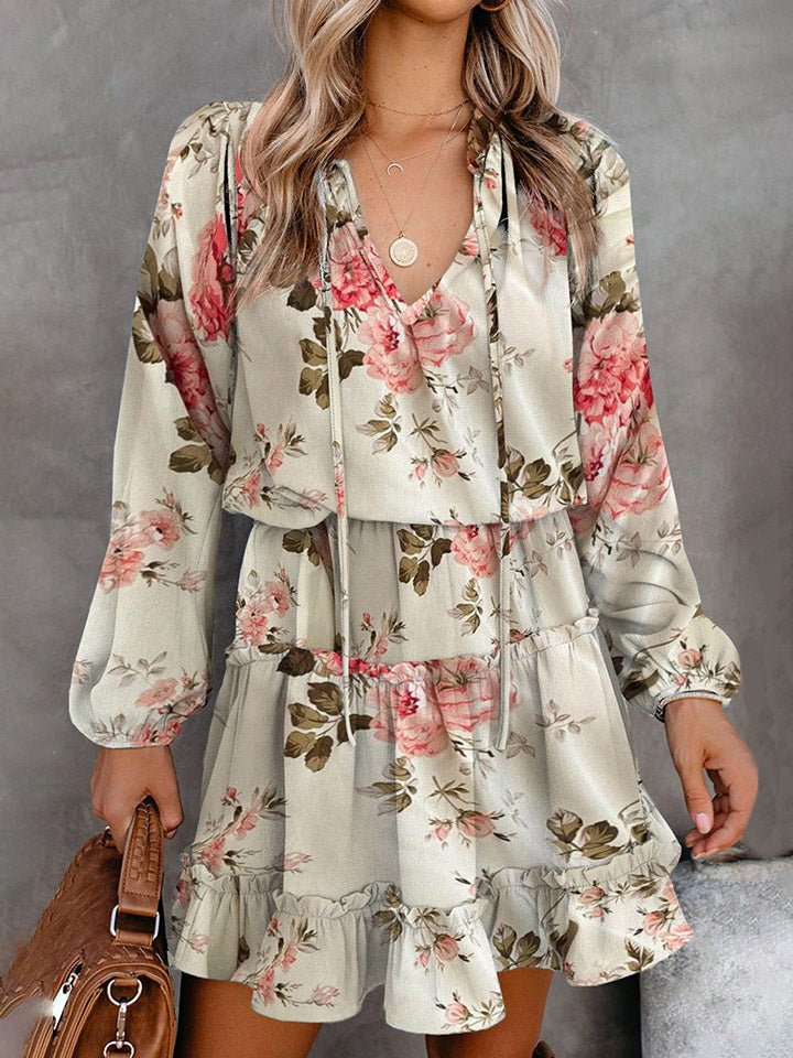 Printed Tie Neck Long Sleeve Dress - Guy Christopher