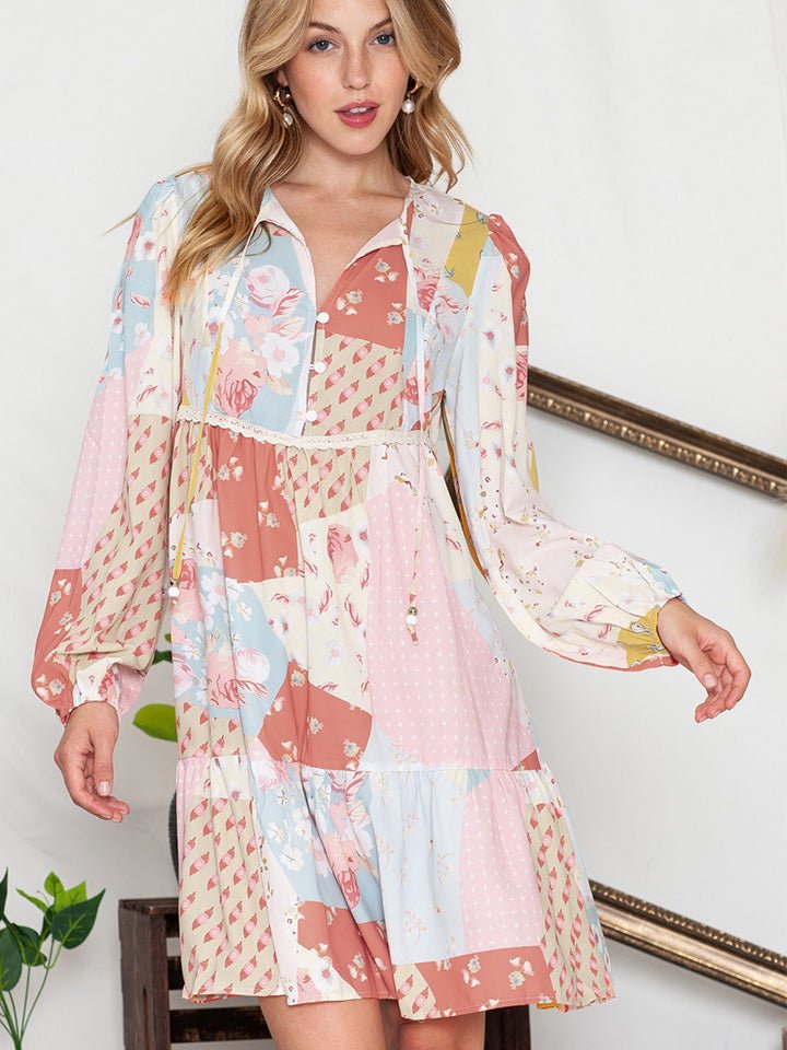 Printed Tie Neck Long Sleeve Dress - Guy Christopher