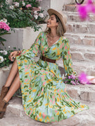 Printed Tie Neck Long Sleeve Maxi Dress - Guy Christopher