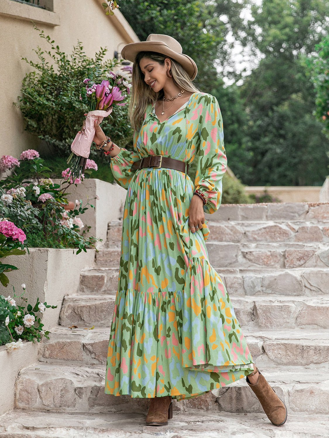 Printed Tie Neck Long Sleeve Maxi Dress - Guy Christopher