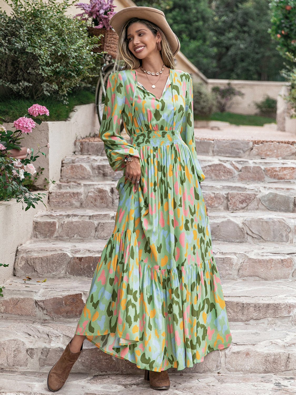 Printed Tie Neck Long Sleeve Maxi Dress - Guy Christopher