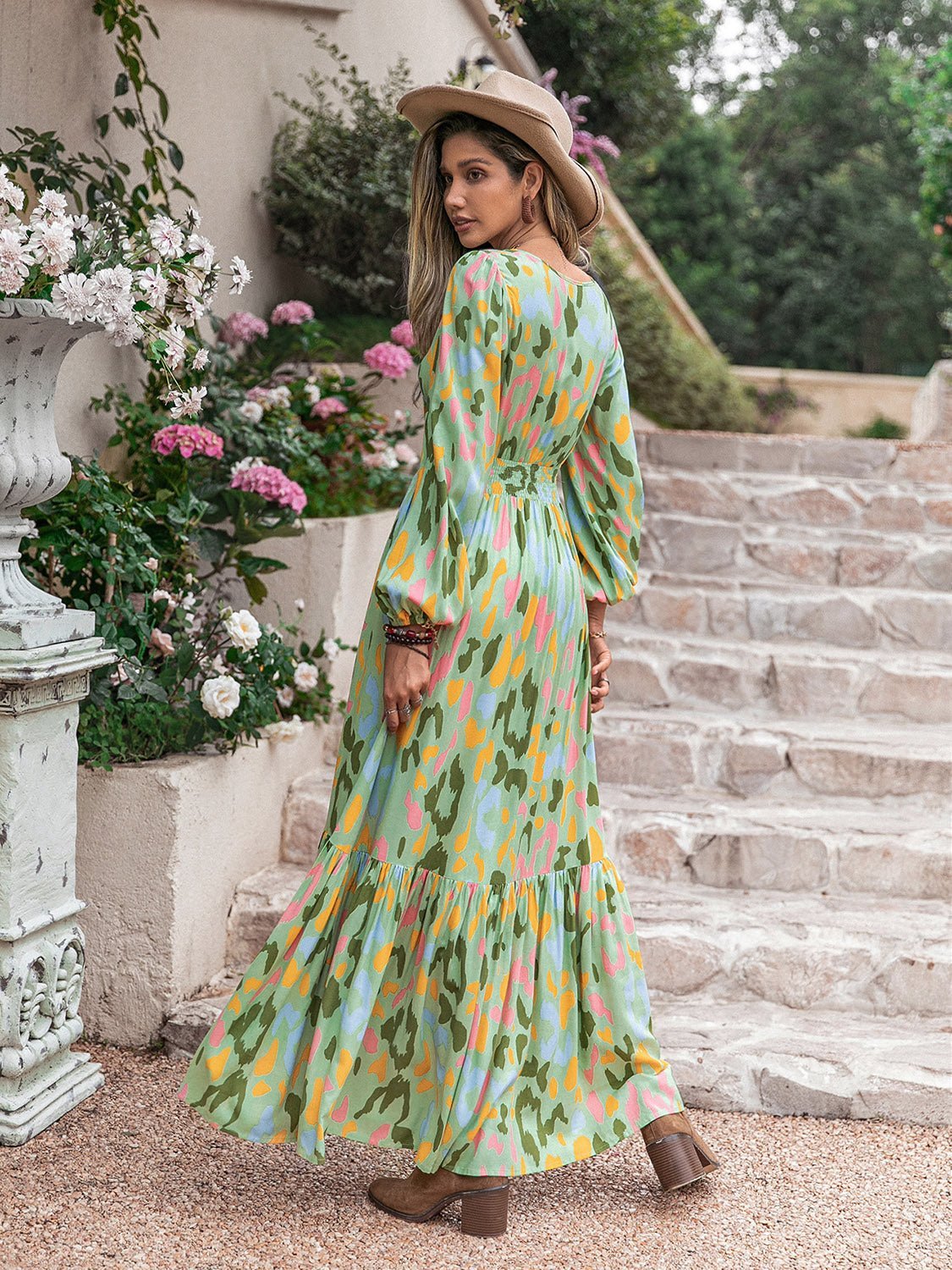 Printed Tie Neck Long Sleeve Maxi Dress - Guy Christopher