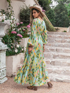 Printed Tie Neck Long Sleeve Maxi Dress - Guy Christopher