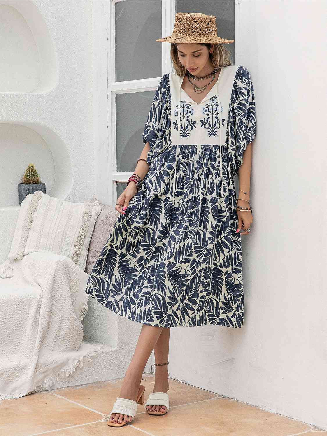 Printed Tie Neck Midi Dress - Guy Christopher