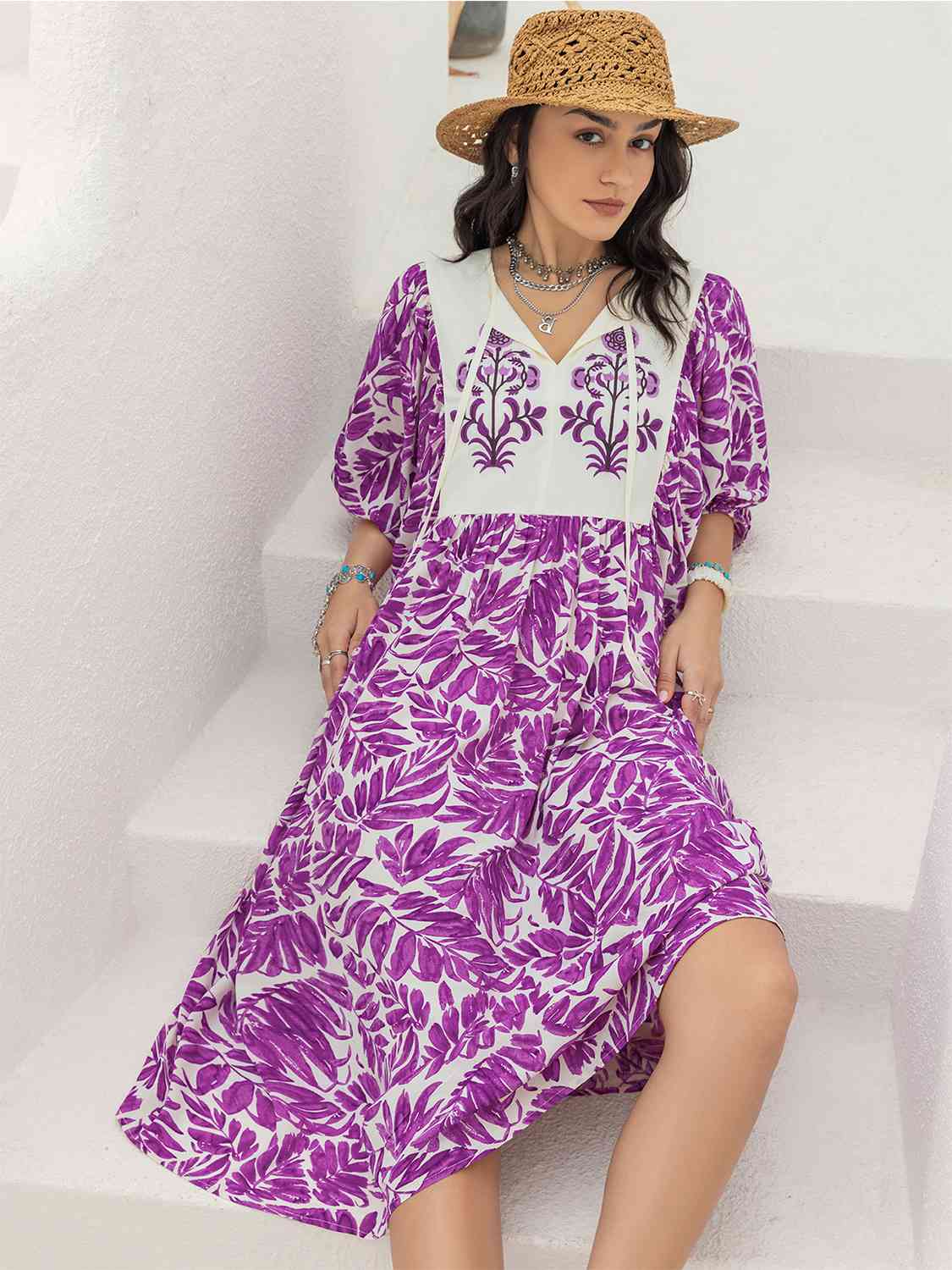 Printed Tie Neck Midi Dress - Guy Christopher