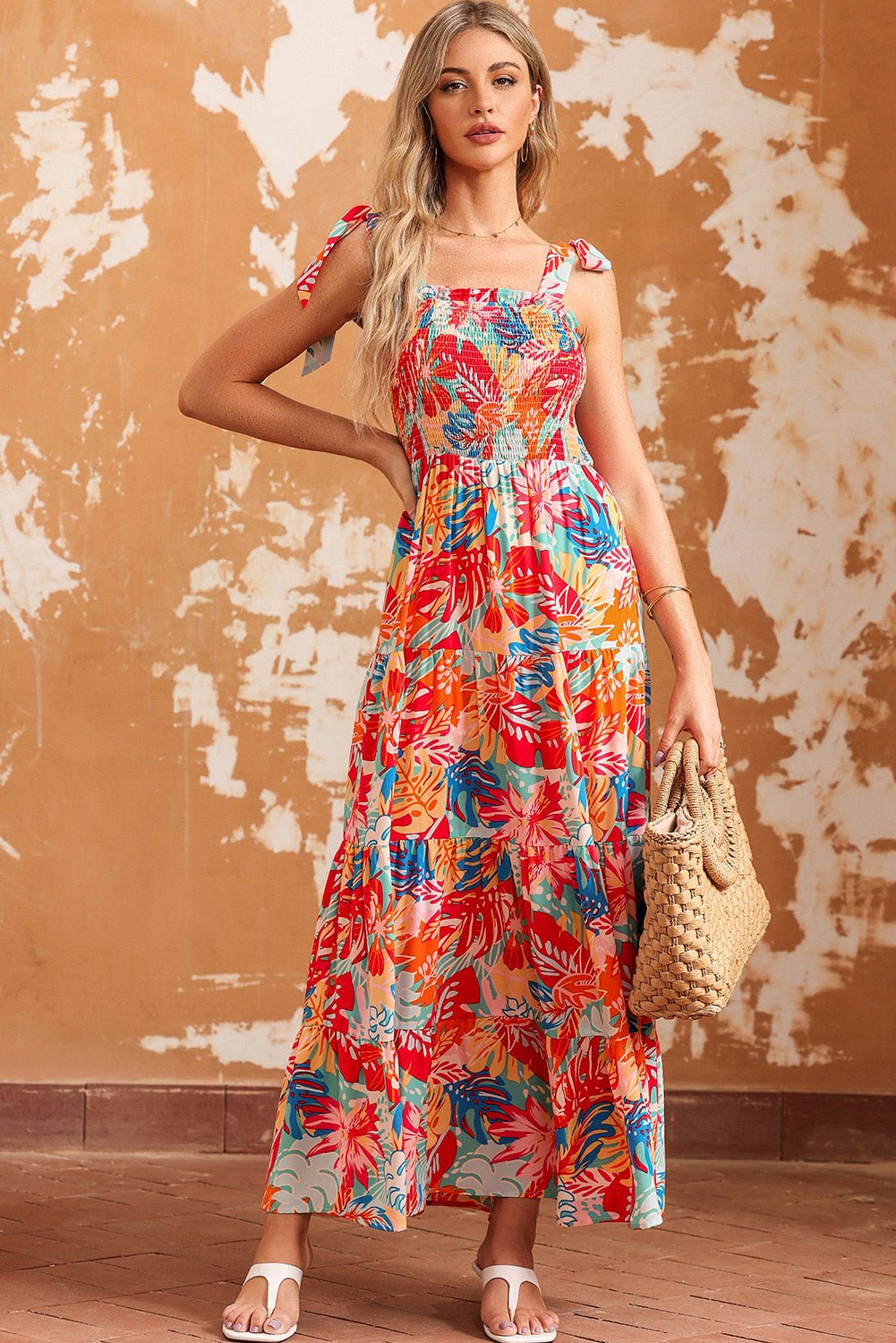 Printed Tie Shoulder Smocked Tiered Maxi Dress - Guy Christopher