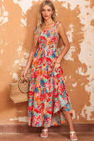 Printed Tie Shoulder Smocked Tiered Maxi Dress - Guy Christopher