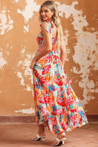 Printed Tie Shoulder Smocked Tiered Maxi Dress - Guy Christopher